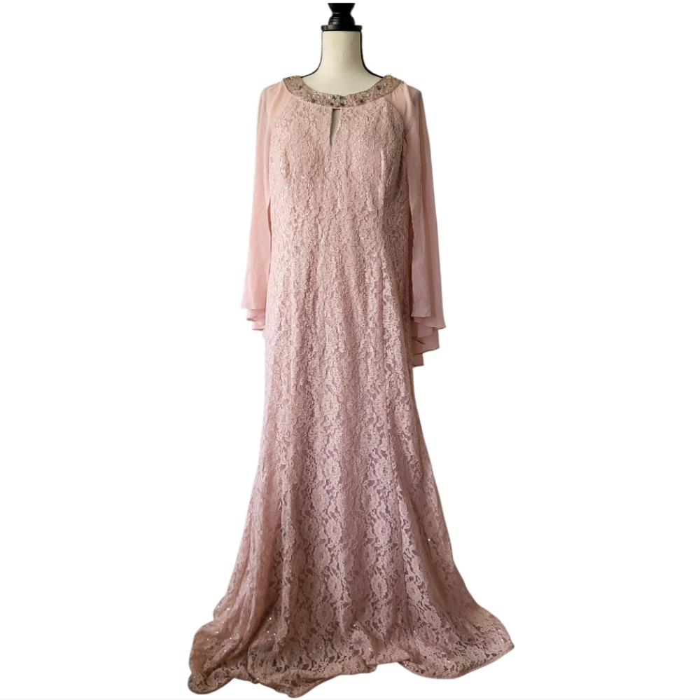 SLNY Womens Pink Sequined Rhinestone Lace Cape Gown Sleeveless Gown Size 18 New